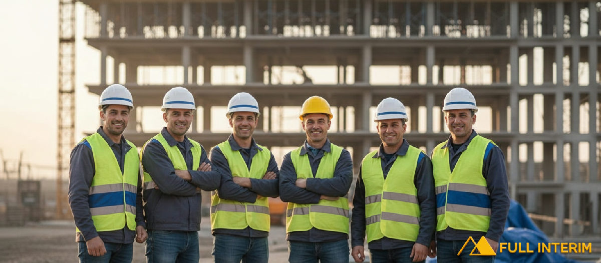 Travailleurs du bâtiment roumains souriants sur un site de construction.