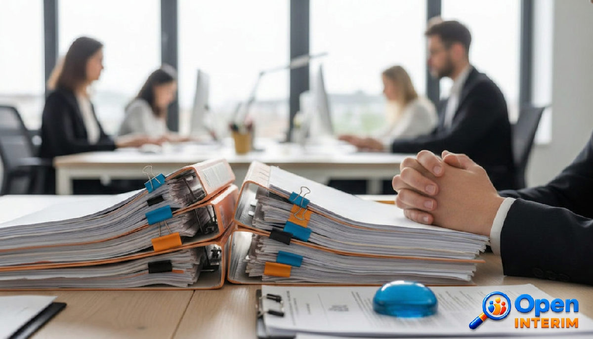Bureau RH gérant des dossiers pour travailleurs européens.