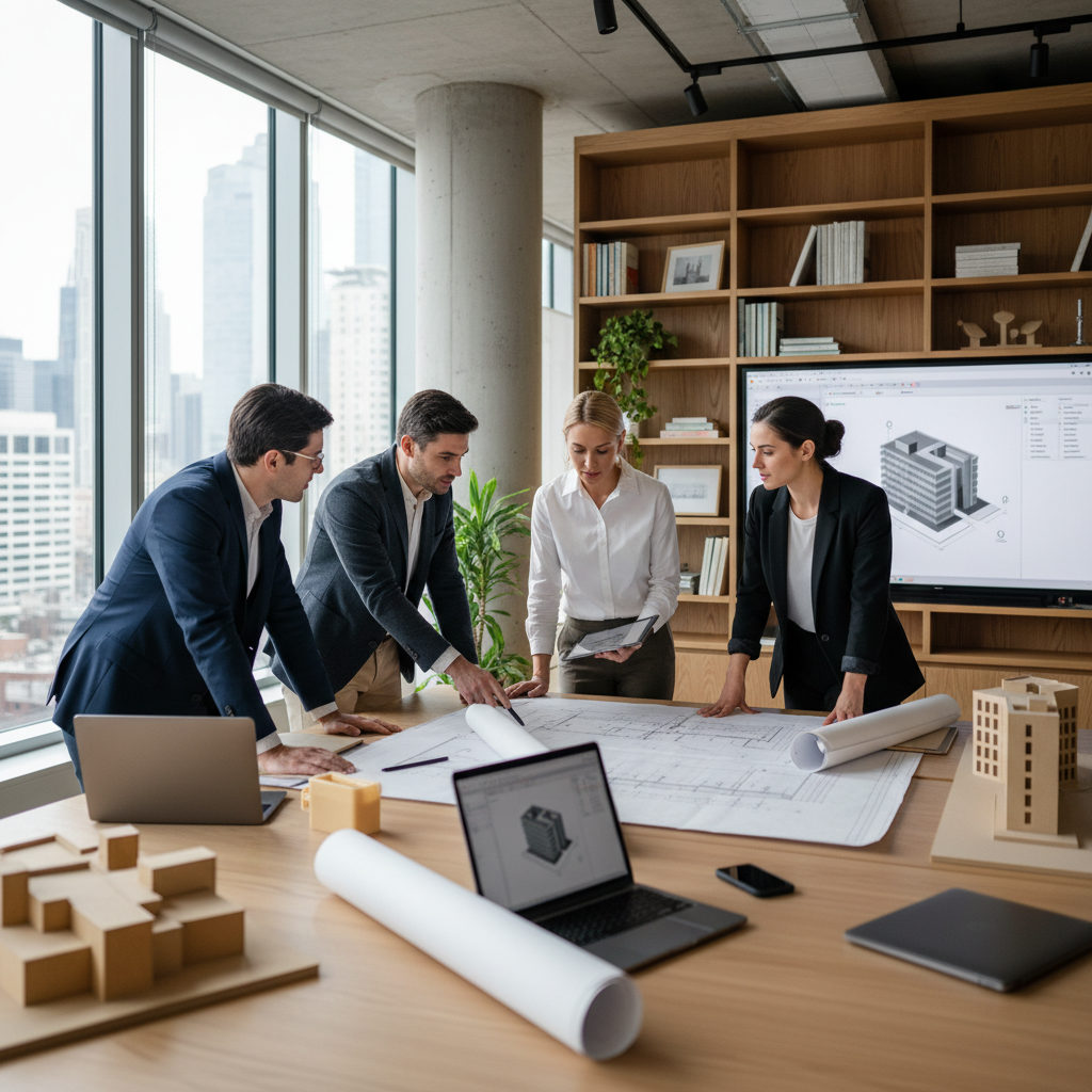 maximiser productivité travailleurs détachés - Bureau d'architecte design avec manager et documents.