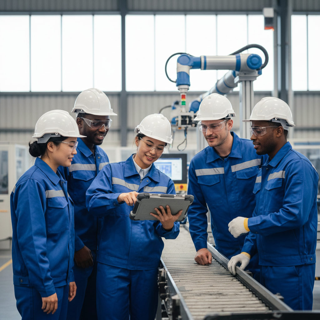 Équipe multiculturelle travaillant sur une tablette en usine.