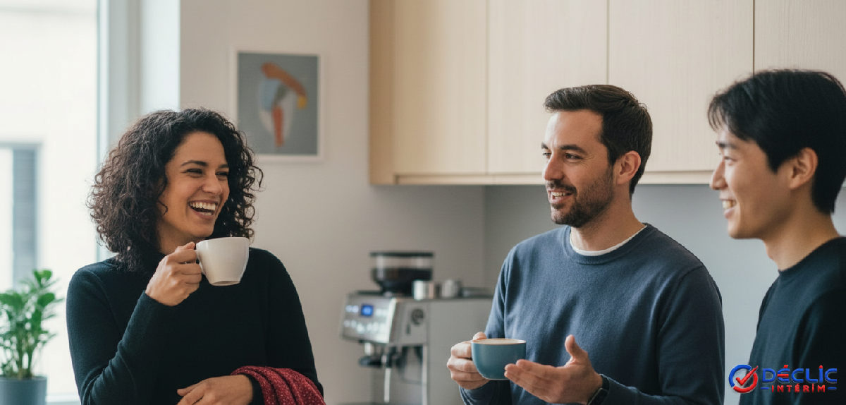 Équipe multiculturelle partageant un café, signe d'intégration.