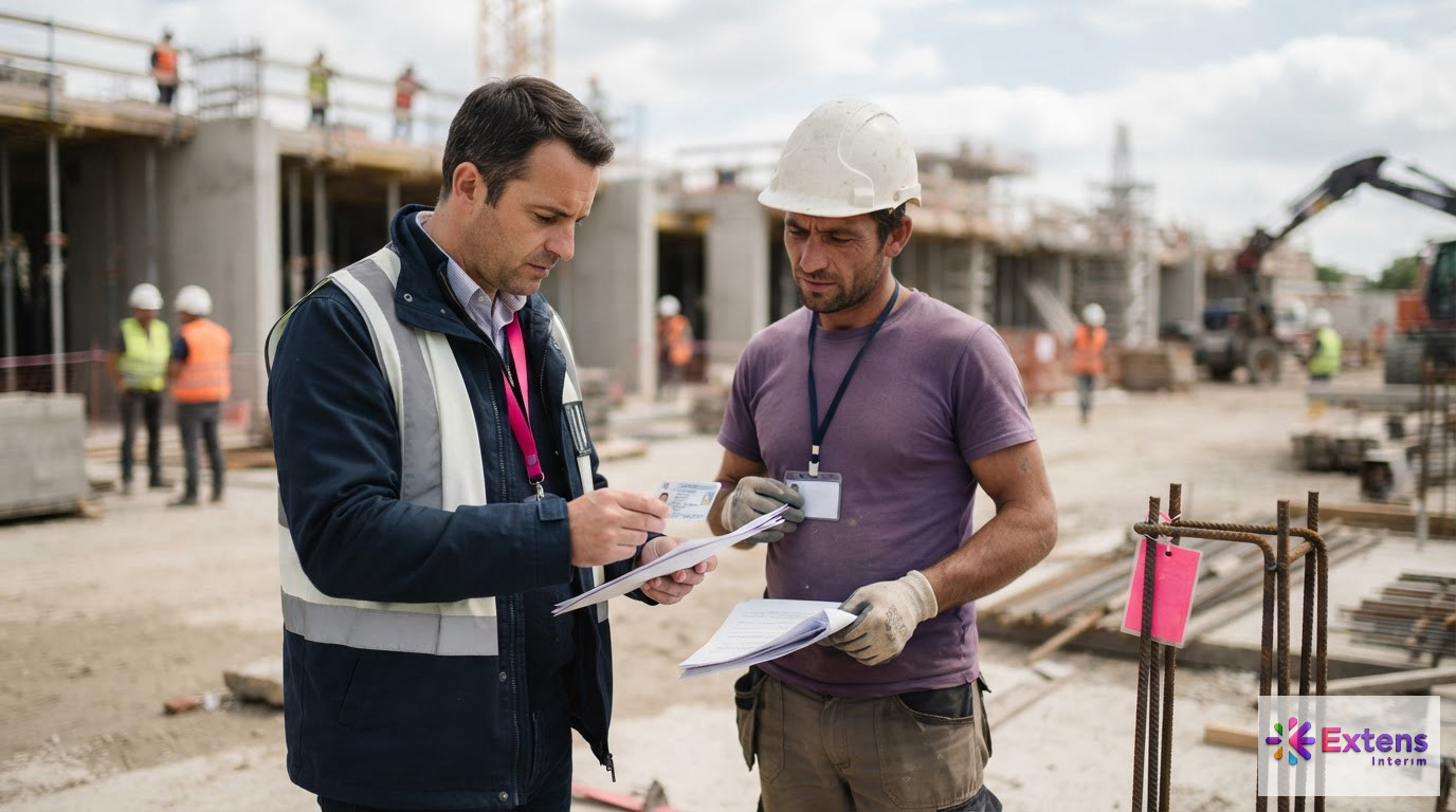 Un inspecteur contrôle les documents officiels de travailleurs roumains sur un chantier.