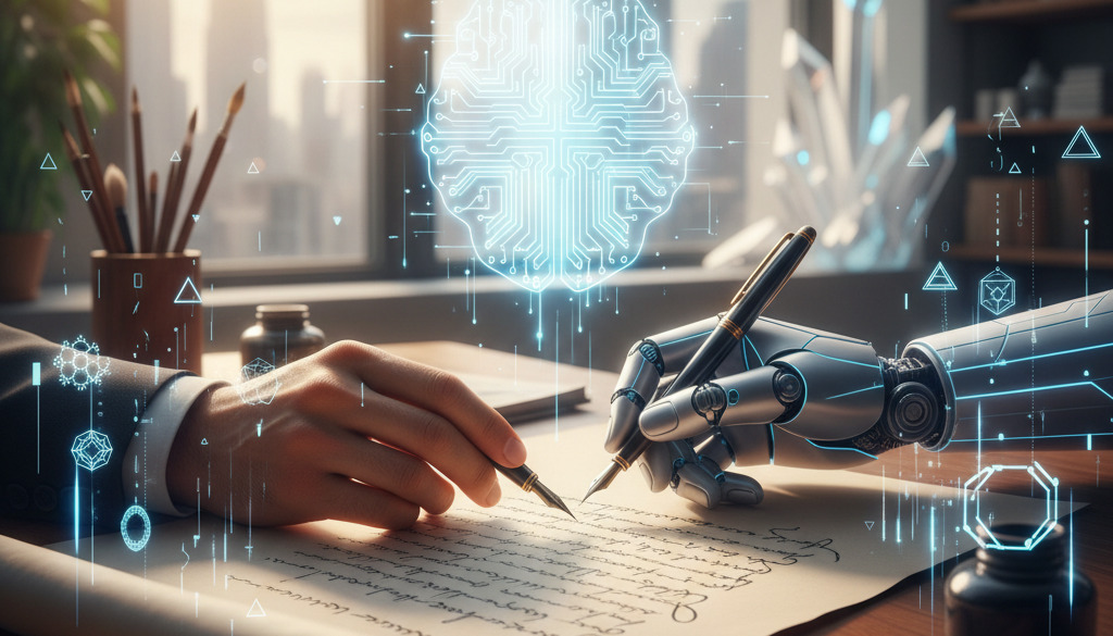 Ihmisen ja robotin kädet työskentelevät yhdessä käsikirjoituksen kirjoittamiseksi.