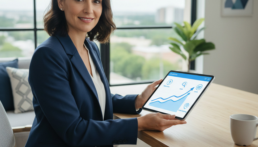 Small business owner sees success with AI-driven SEO dashboard on tablet.