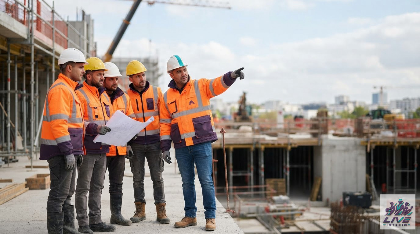 Des travailleurs roumains en tenue de sécurité sur un chantier en France.