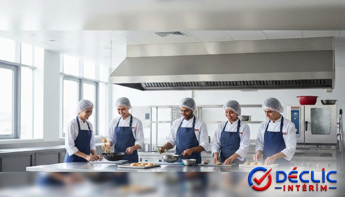 Groupe de travailleurs motivés dans une cuisine industrielle.