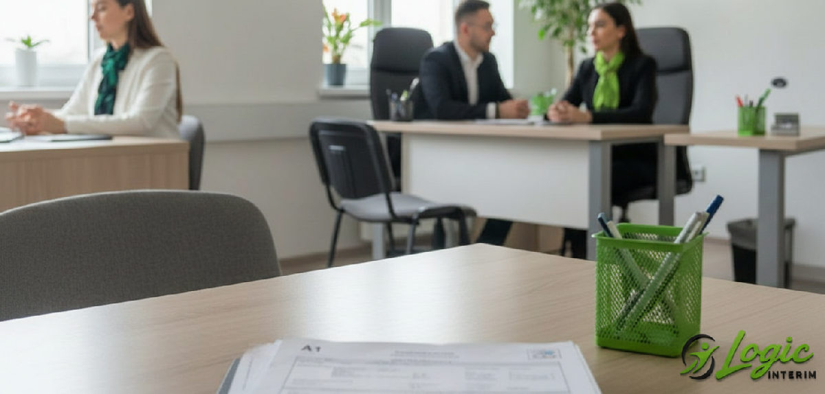 Bureau de recrutement avec documents A1, SIPSI, et conseillers d'agence intérim Roumanie.
