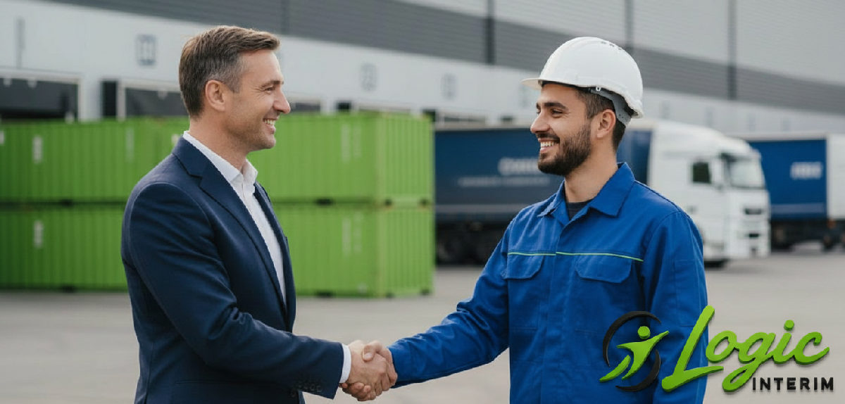 Chef d'entreprise saluant un travailleur intérimaire roumain sur un site industriel.