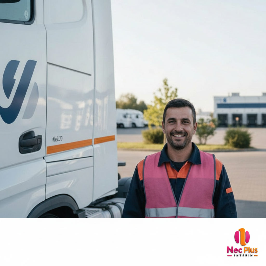 Chauffeur roumain souriant devant un camion d'une entreprise française.