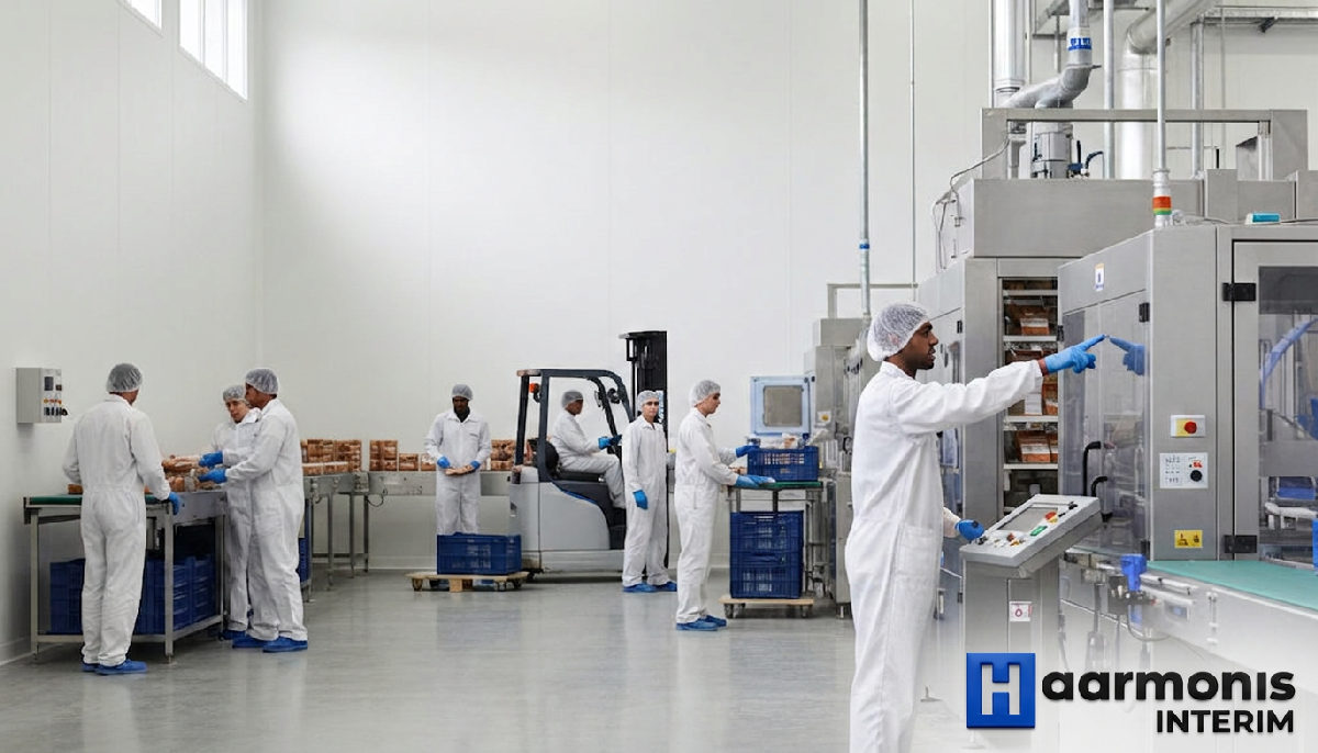 Travailleurs dans un entrepôt agroalimentaire moderne, collaboration locale et détachée.