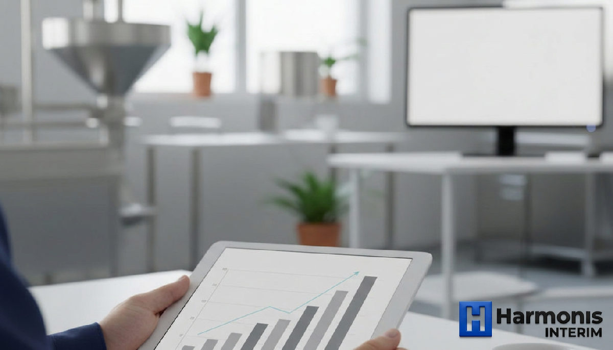 Gros plan sur une tablette montrant la hausse de la productivité en usine.