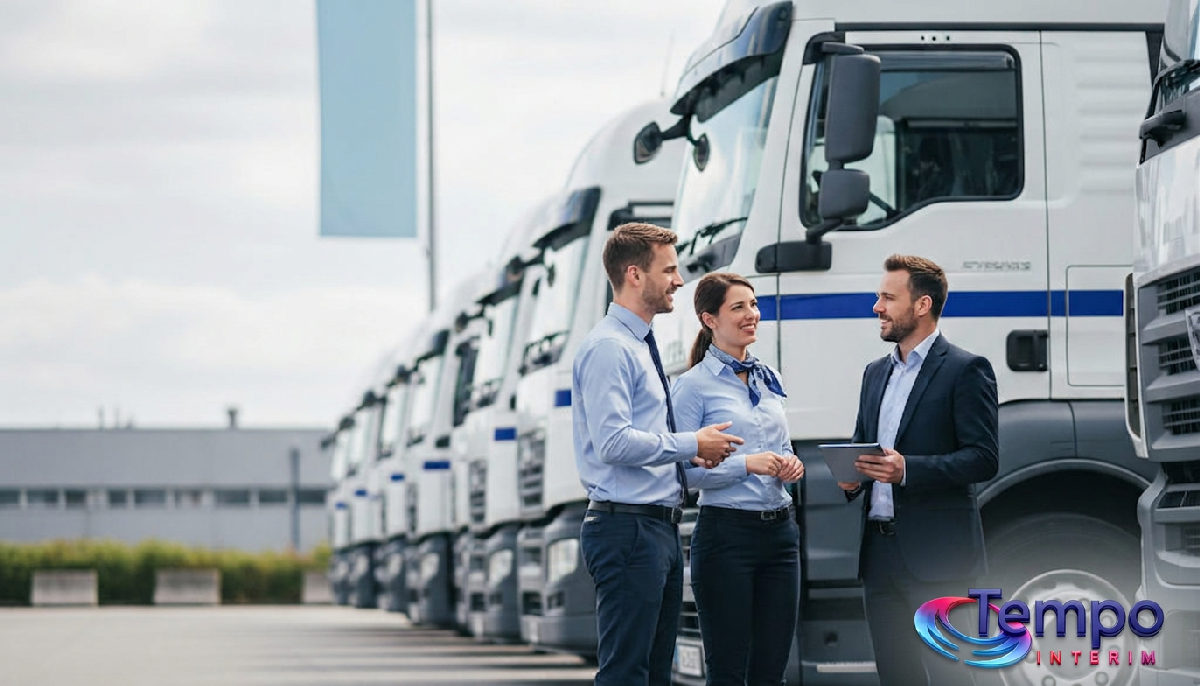 Responsables et consultant devant des camions, partenariat logistique réussi.