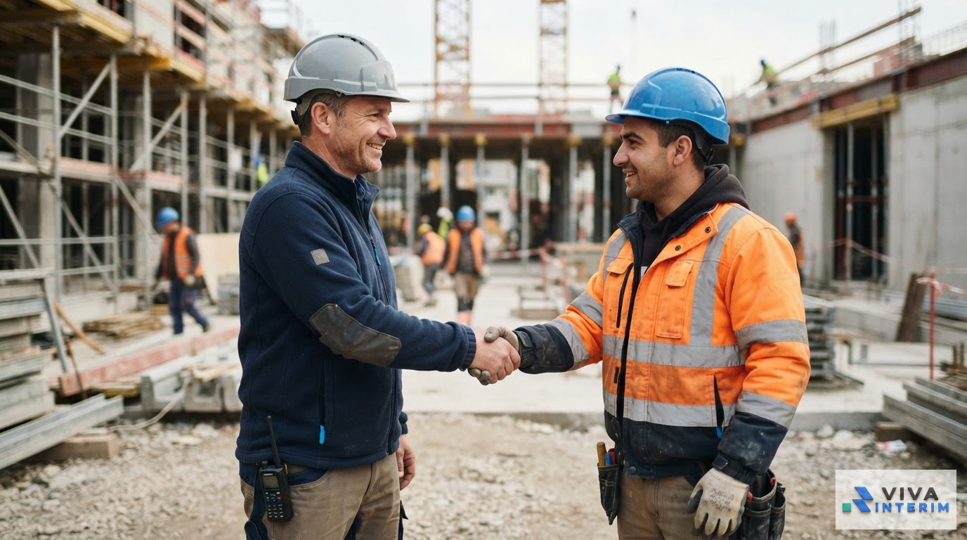 Une poignée de main professionnelle entre un chef de chantier et un ouvrier.