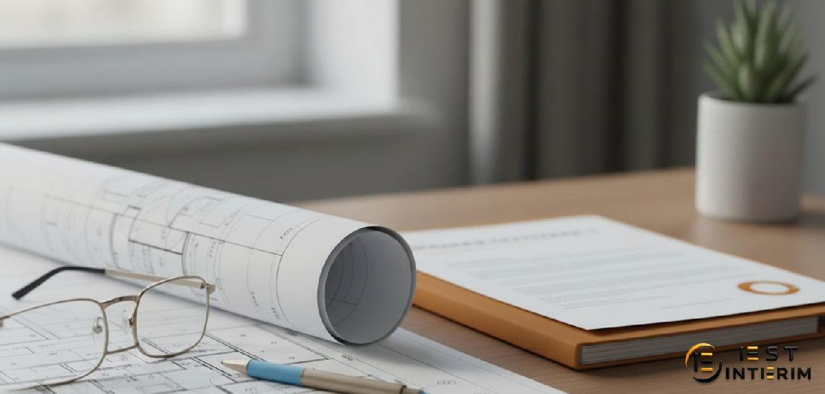 Plan de bâtiment avec contrat d'assurance, symbolisant la protection juridique.