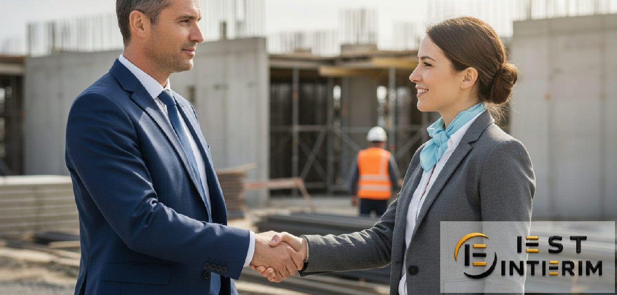 Poignée de main entre chef d'entreprise et conseiller sur un chantier.