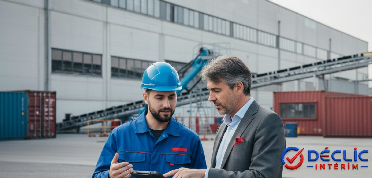 Manager français et chef d'équipe roumain discutant sur site.