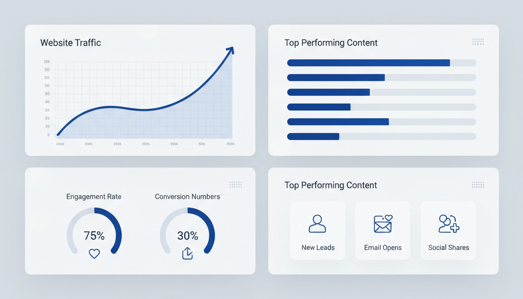 Content marketing dashboard showing positive KPIs and growth.