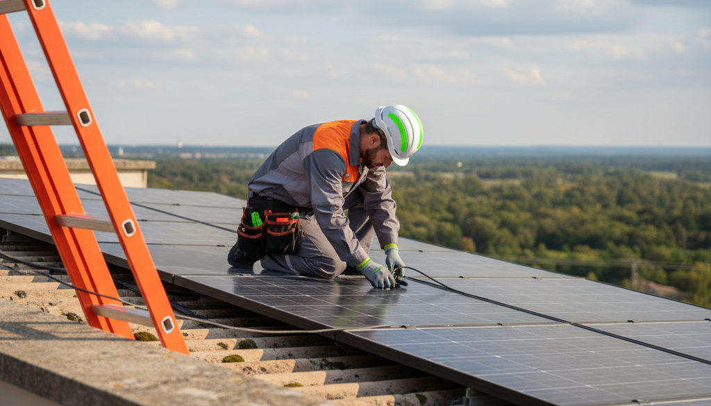 Technik kontroluje fotovoltaické panely na střeše.
