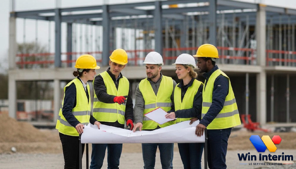 leasing personnel roumain BTP coûts - Chantier de construction en France, équipe diversifiée travaillant ensemble.