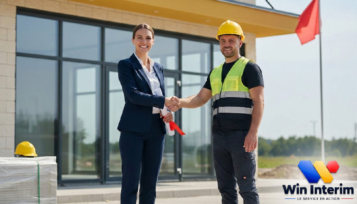 Propriétaire et superviseur se serrant la main devant un bâtiment terminé.