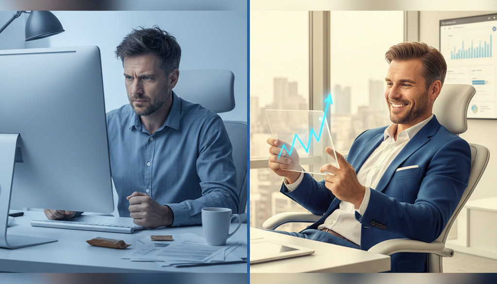 Frustrated writer transforms into a relaxed one with growing website traffic.