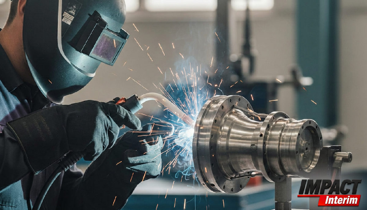 Soudeur roumain certifié travaillant avec précision sur une pièce aéronautique.