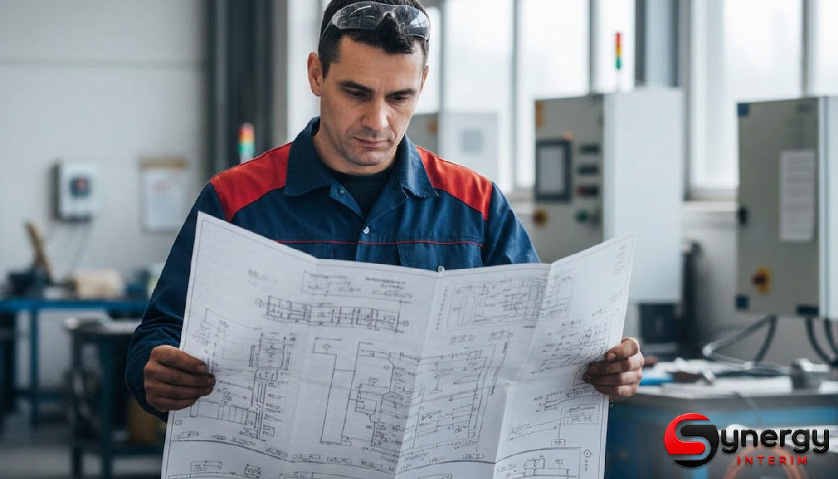 Renforcez équipes soldes été : atout Techniciens Roumains 1 Technicien roumain étudiant un plan de maintenance technique complexe.