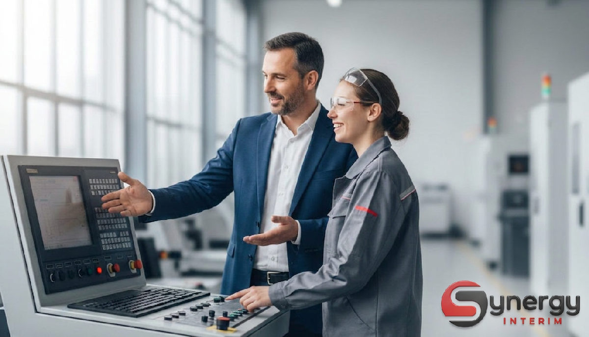Renforcez équipes soldes été : atout Techniciens Roumains 2 Manager français et technicien roumain discutent devant un tableau de bord.