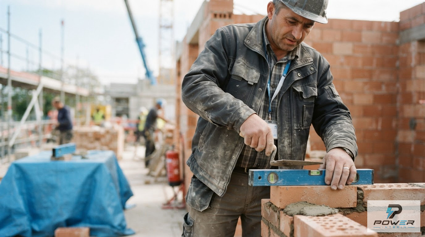 Une vue rapprochée de mains manipulant des briques sur un chantier.