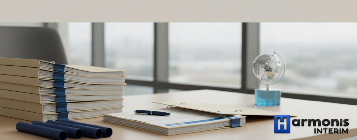 Bureau RH présentant des dossiers de conformité pour ouvriers roumains détachés.