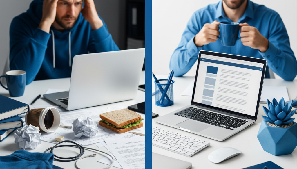 Split screen: chaotic writer's desk vs. organized desk with AI-generated article.