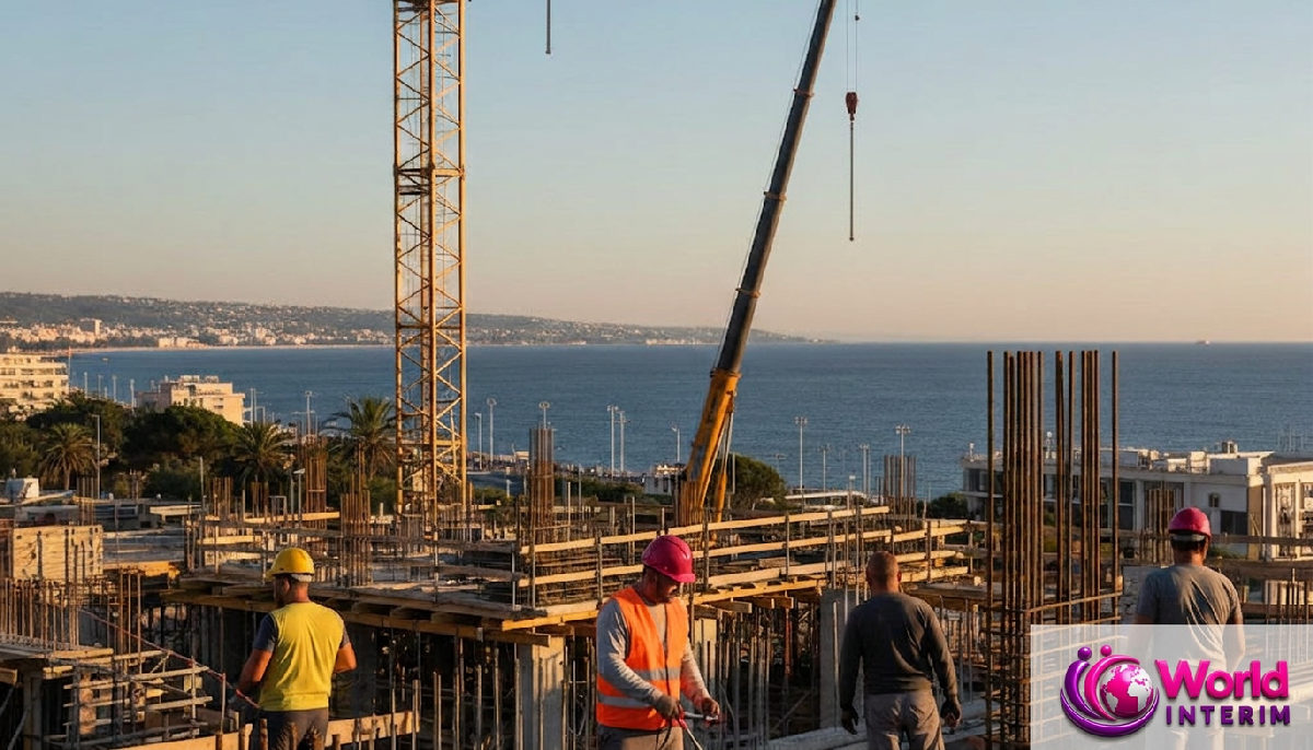 Fête Nationale travailleurs roumains détachés Nice - Chantier de construction à Nice, vue sur la Méditerranée.