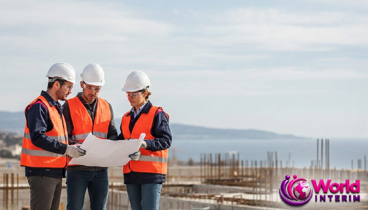 Travailleurs roumains qualifiés discutant sur un site industriel.