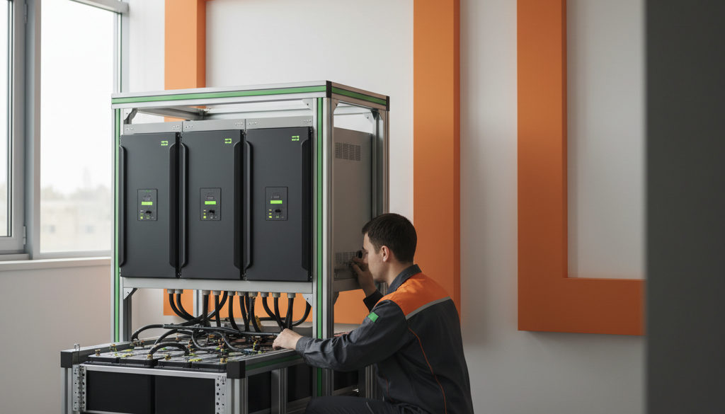 Servisní kontrola měničů a baterií v technické místnosti.
