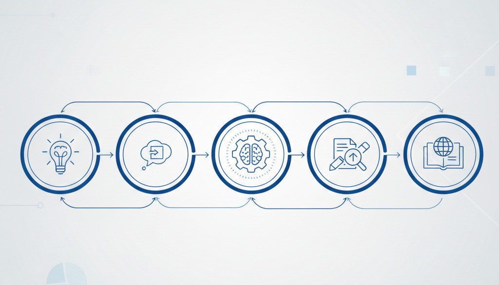 Content workflow stages: Ideation, Prompting, Generation, Editing, Optimization, Publishing.