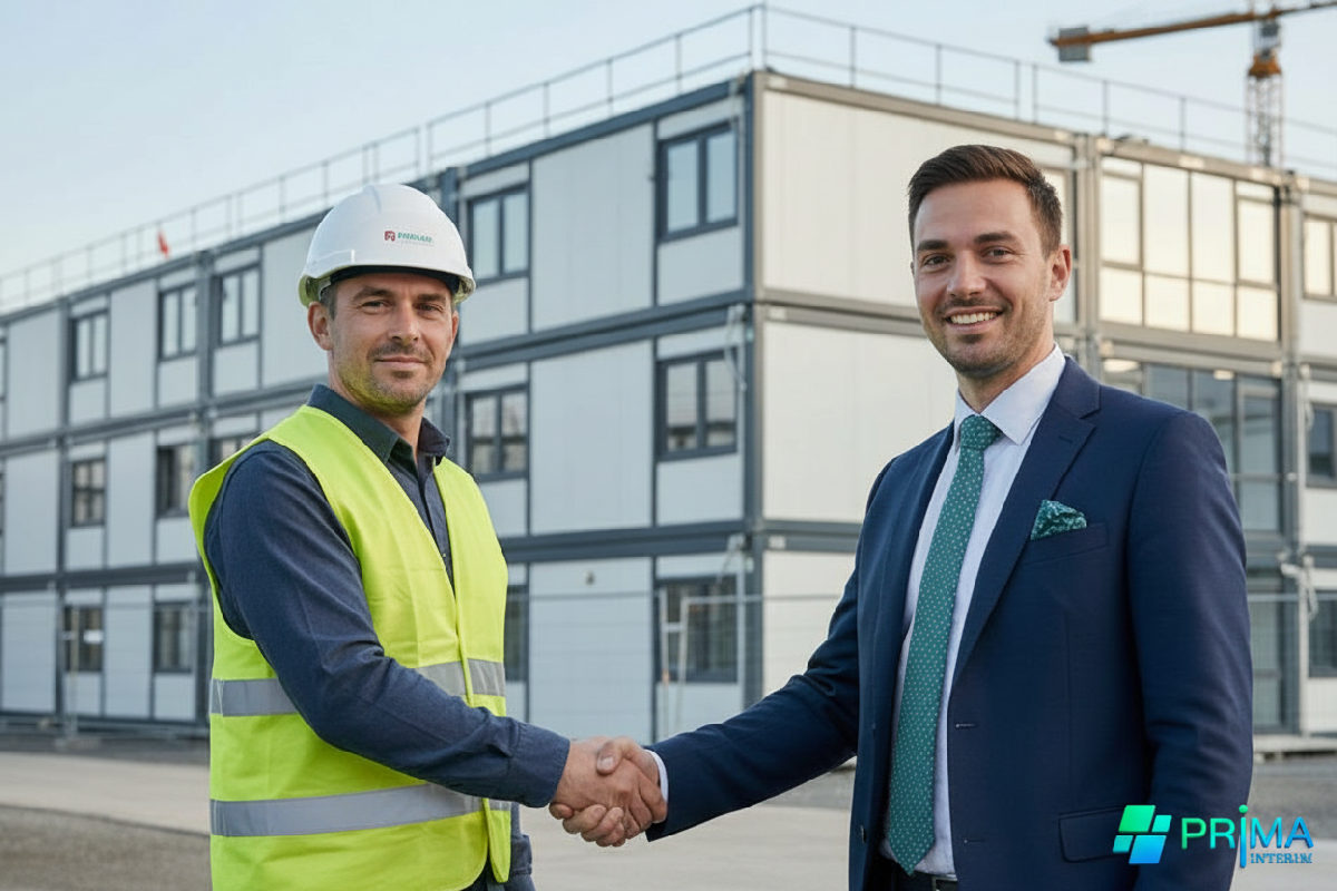 Consultant et responsable de chantier devant un complexe de logements pour travailleurs.