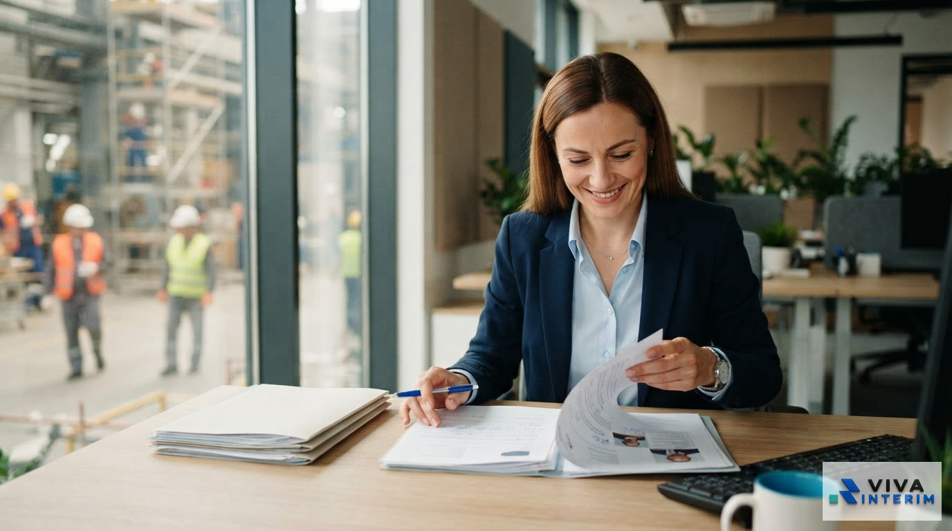 Un responsable RH souriant traite les dossiers de travailleurs détachés au bureau.