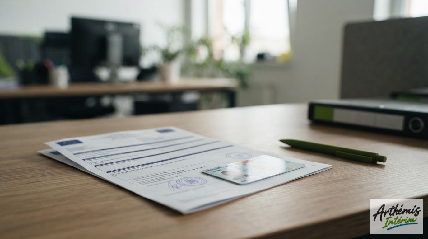 Un formulaire A1 et une pièce d'identité roumaine posés sur un bureau.