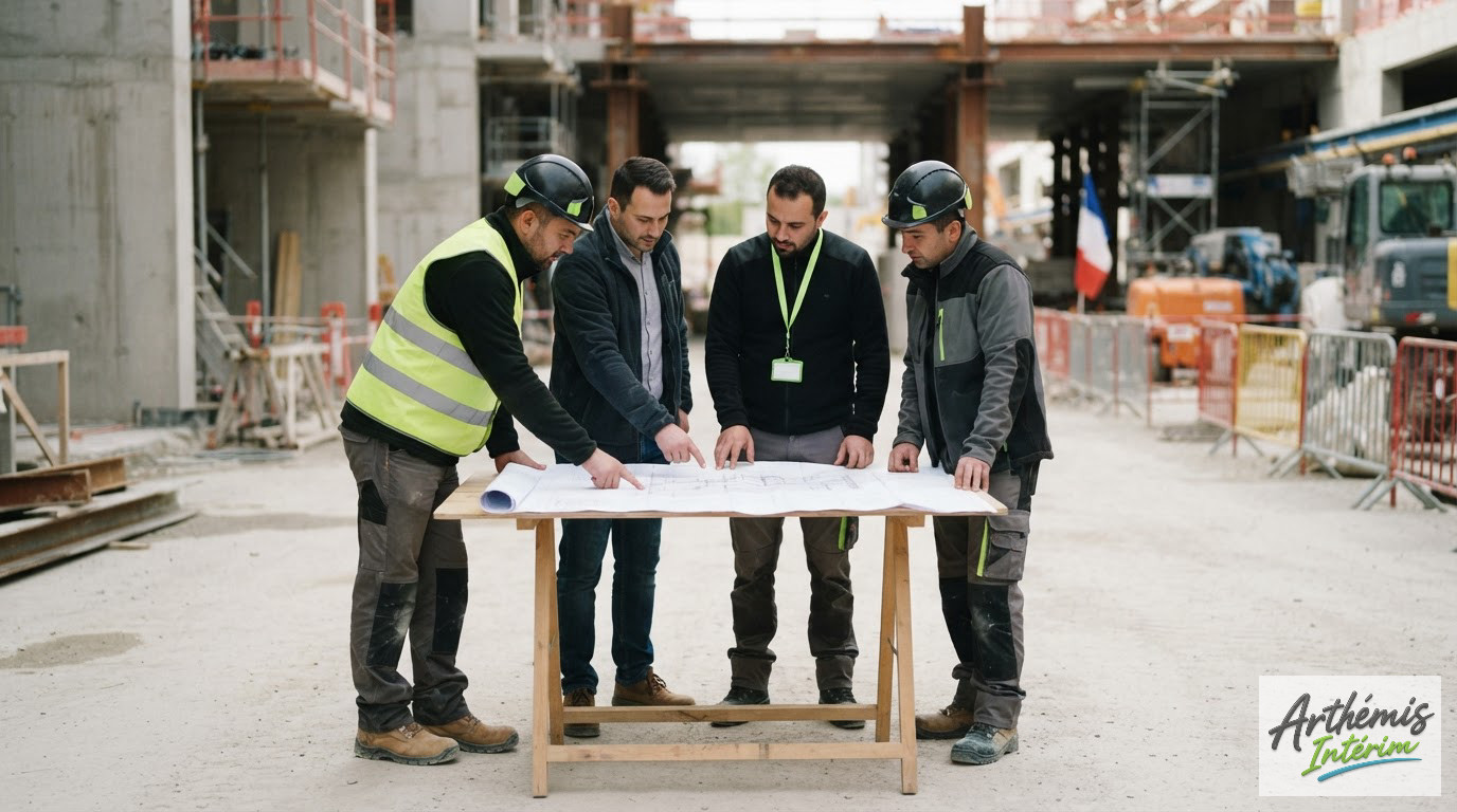 Des ouvriers roumains étudient un plan sur un chantier industriel en France.