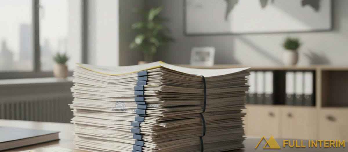 Bureau avec des contrats de travail européens, symbolisant la légalité.