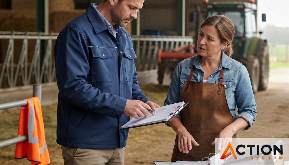 Contrôleur de l'Inspection du Travail vérifie des documents agricoles.