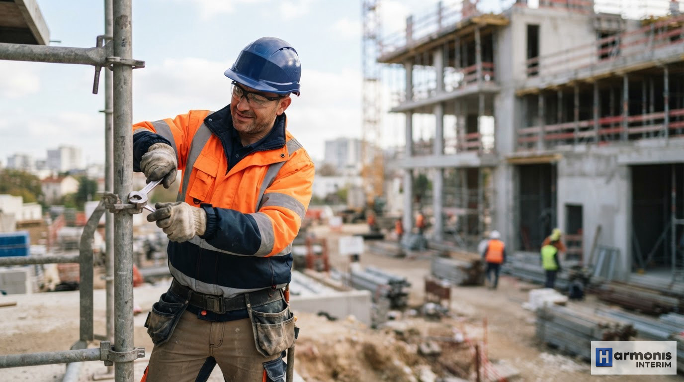 Un ouvrier qualifié roumain travaille sur un chantier en Île-de-France.