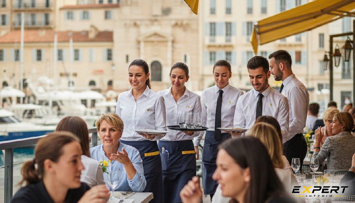 salariés roumains HCR Marseille - Terrasse animée du Vieux-Port de Marseille avec le personnel efficace.