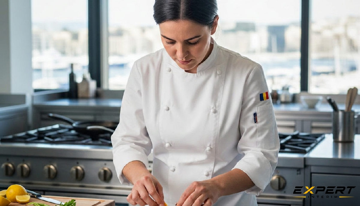Chef roumain d'origine dans une cuisine moderne à Marseille.
