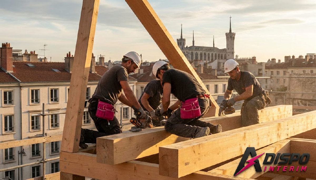 Équipe de charpentiers assemblant une charpente moderne sur un chantier lyonnais.