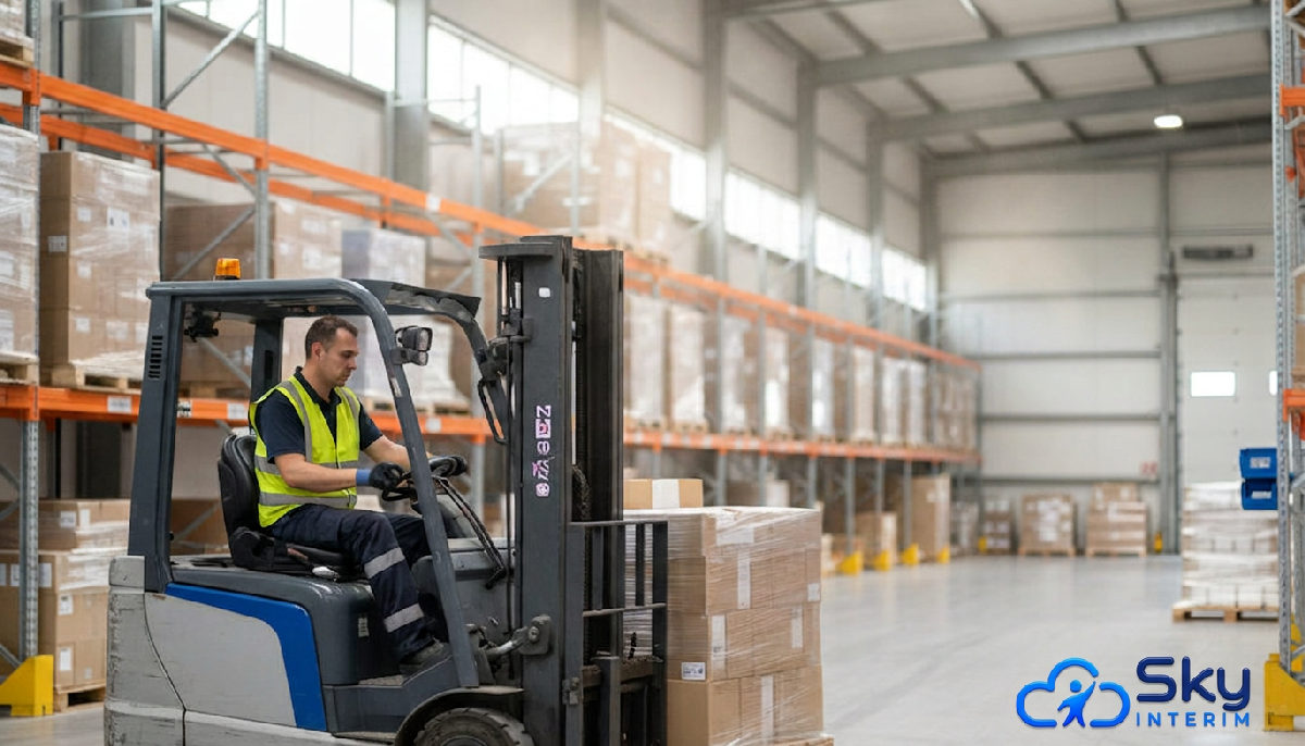 Opérateur de chariot élévateur roumain travaillant dans un entrepôt logistique français.