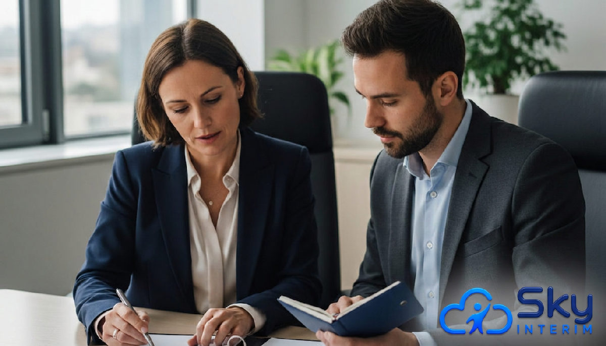 Responsable RH français et consultant Sky Interim examinant des documents légaux.