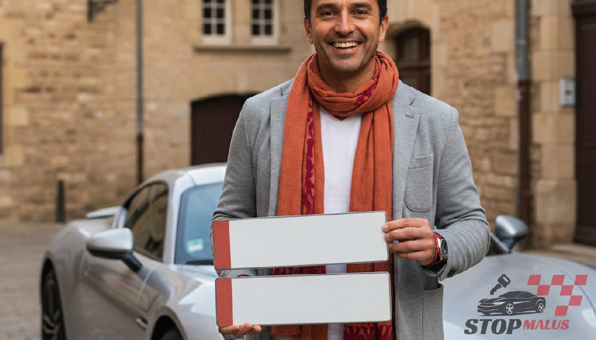 Un propriétaire heureux avec ses nouvelles plaques d'immatriculation françaises.