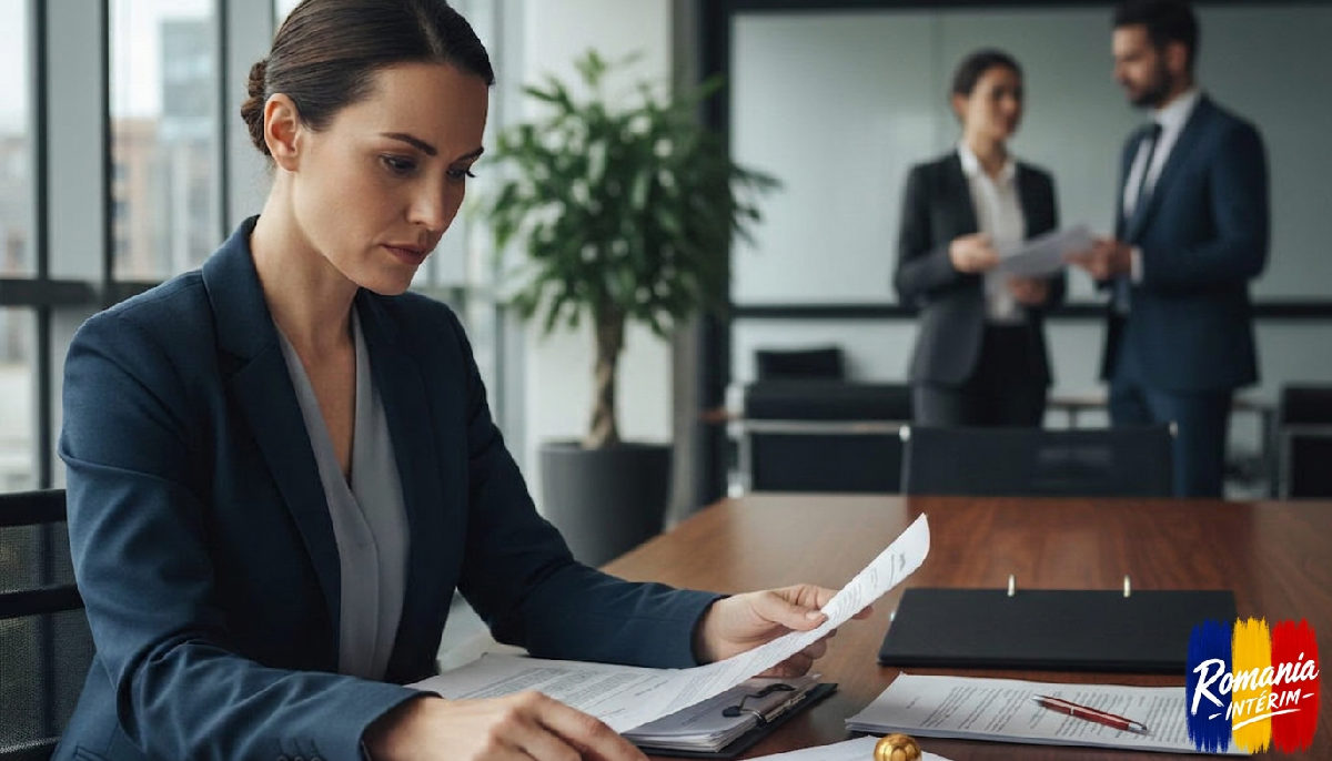 Un environnement de bureau moderne où un responsable RH examine des documents juridiques et des contrats de travail, soulignant la conformité dans le travail temporaire international.