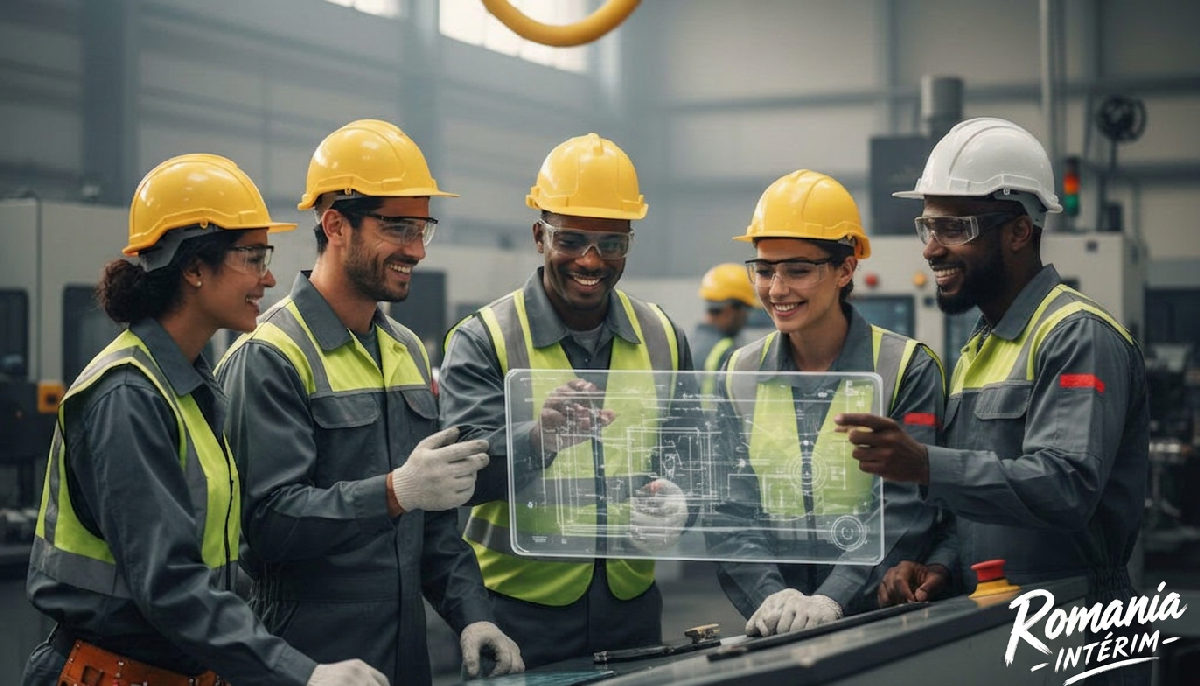 Un groupe de travailleurs industriels diversifiés portant des équipements de sécurité, souriants et collaborant dans une usine de haute technologie, symbolisant une optimisation RH réussie.